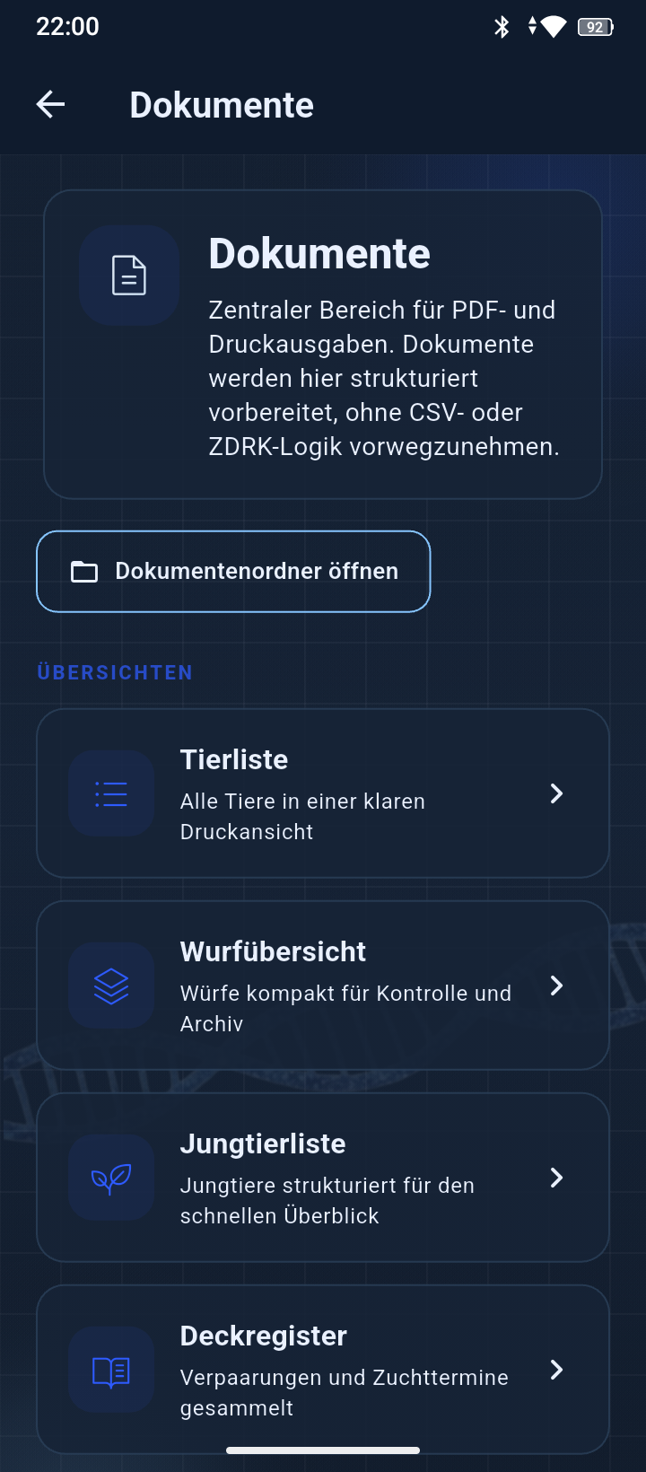 Dokumentenbereich in GENKANIN f&uuml;r Zuchtunterlagen und Drucklisten