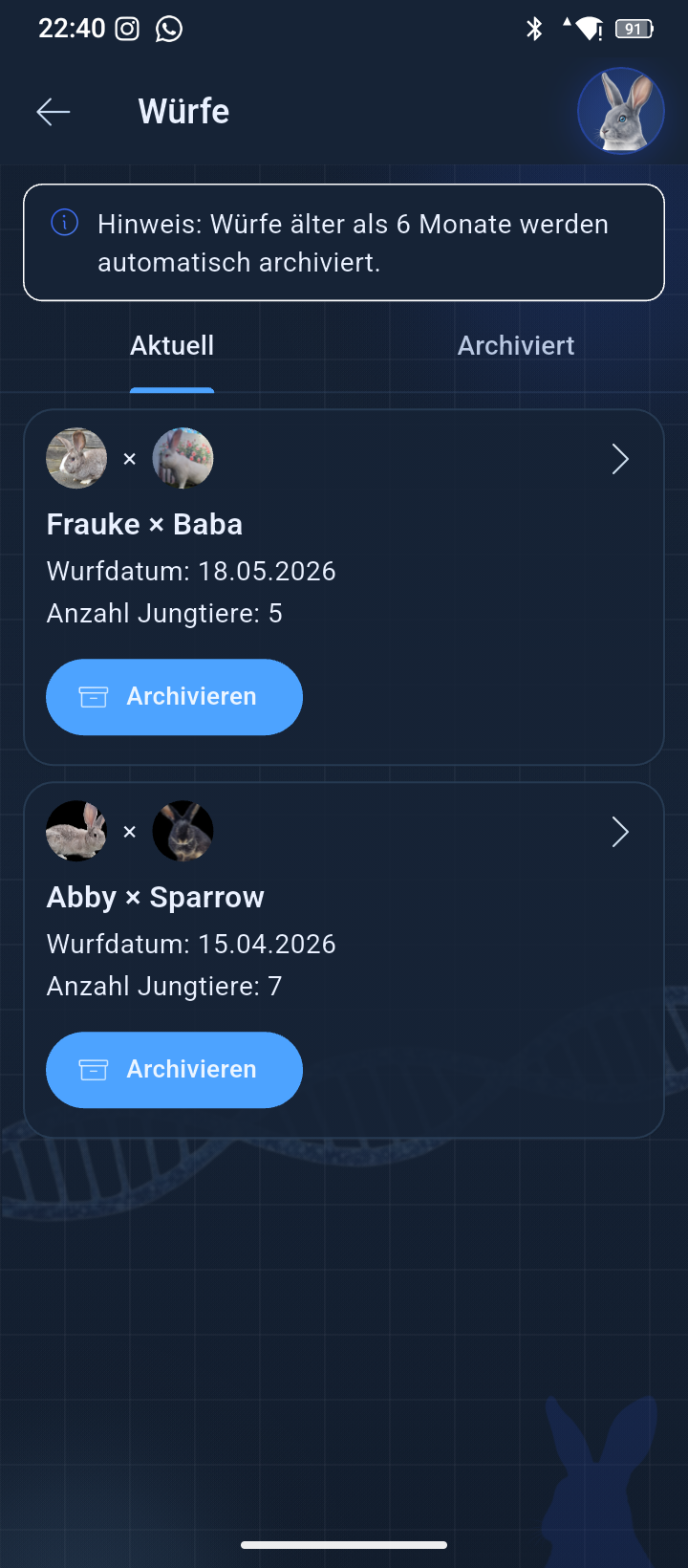 Wurfverwaltung mit aktiven W&uuml;rfen, Archivierung und Jungtier&uuml;bersicht