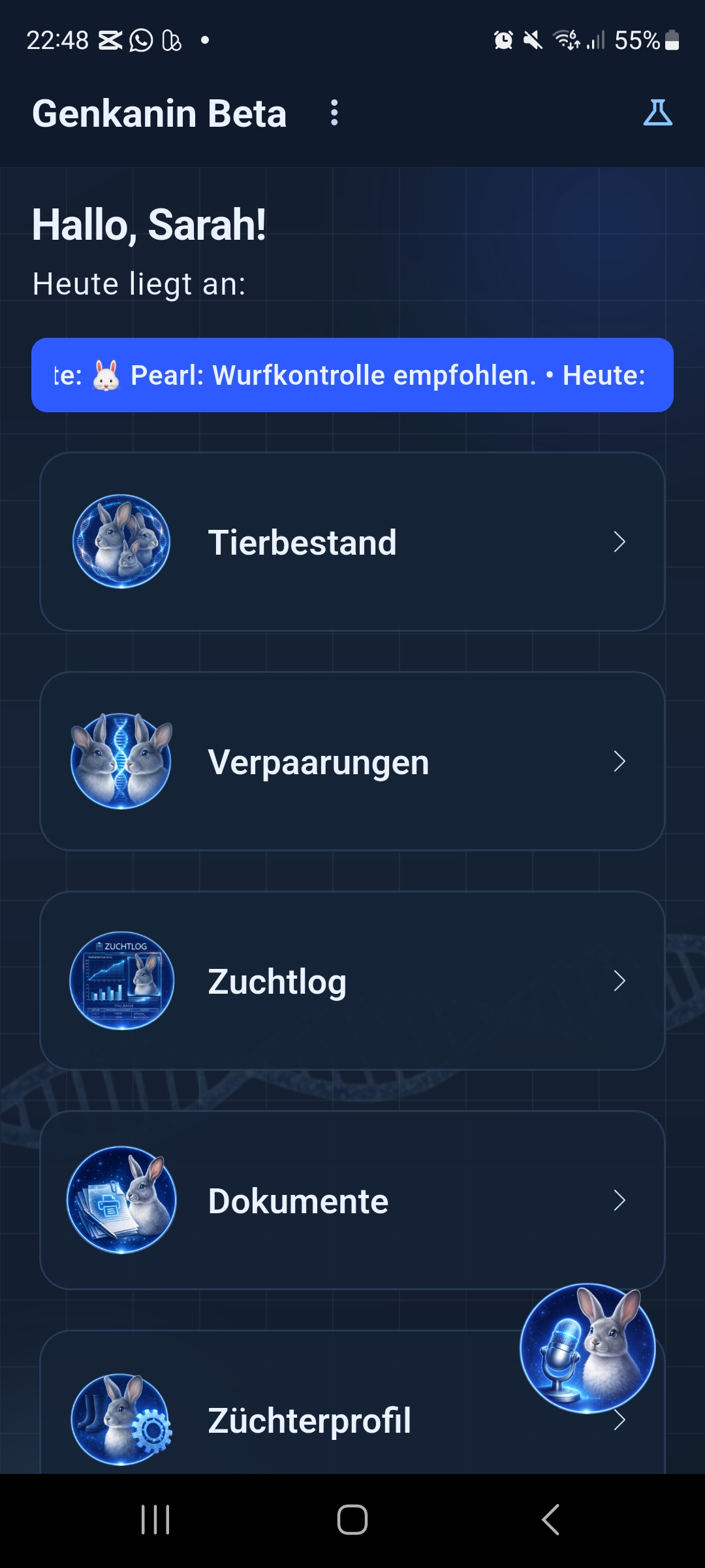 Dashboard von GENKANIN mit Tierbestand, Verpaarungen, Dokumenten, Zuchtlog und Sprachnotizen