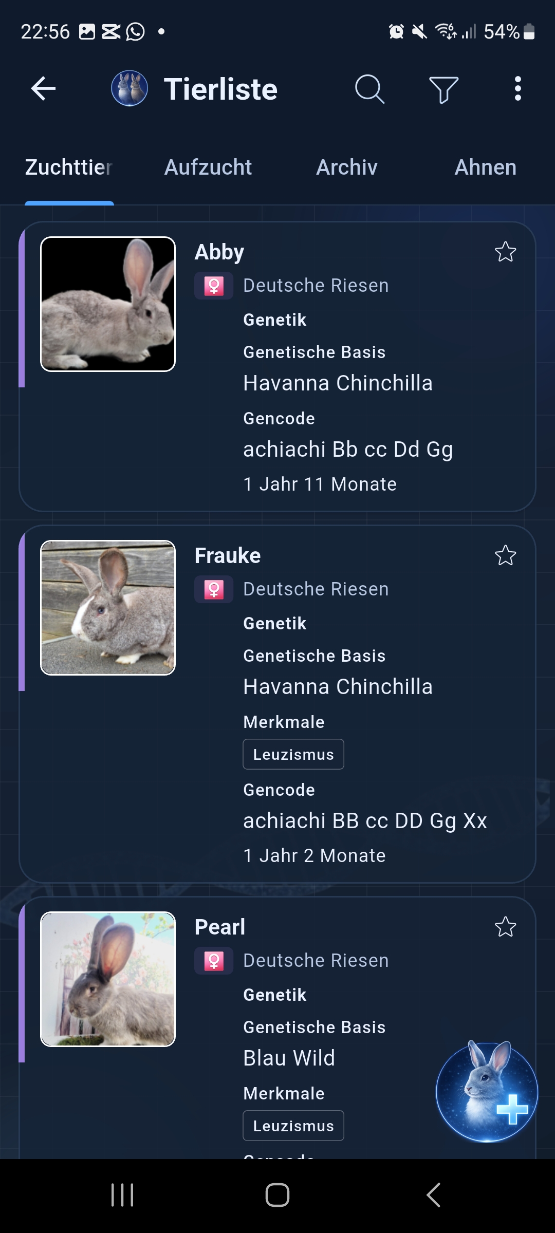 Tiersammlung in GENKANIN mit echten Kaninchen, Farben und Genetikdaten