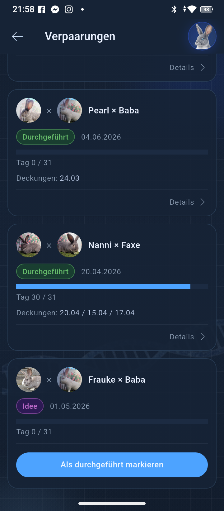 Verpaarungs&uuml;bersicht mit Zeitverlauf und Statusanzeige